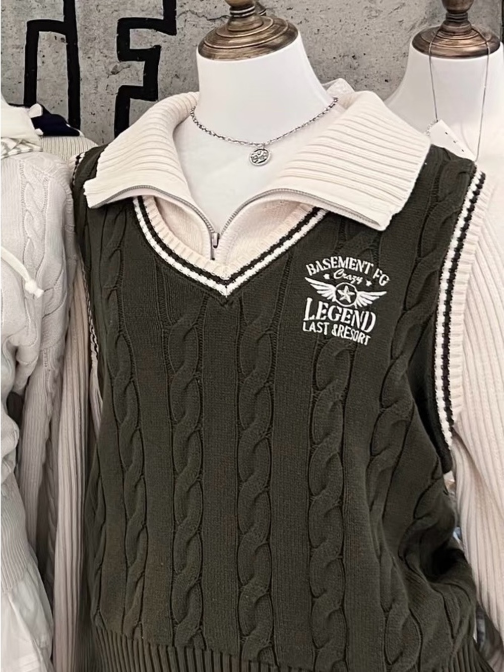 Olive Cable-Knit V-Neck Sweater Vest